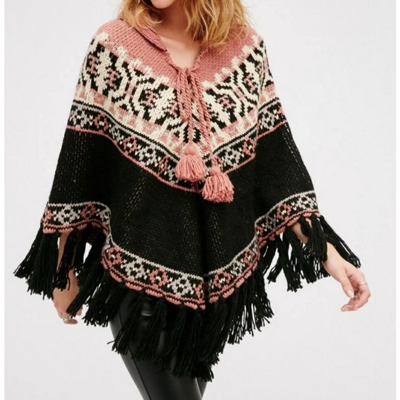 Free People High Life Fair Isle Poncho Boho Fringe Oversized Knit Shrug One Size - Picture 2 of 4